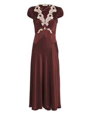 Vintage-Inspired Satin Maxi Dress with Lace Trim - Burgundy